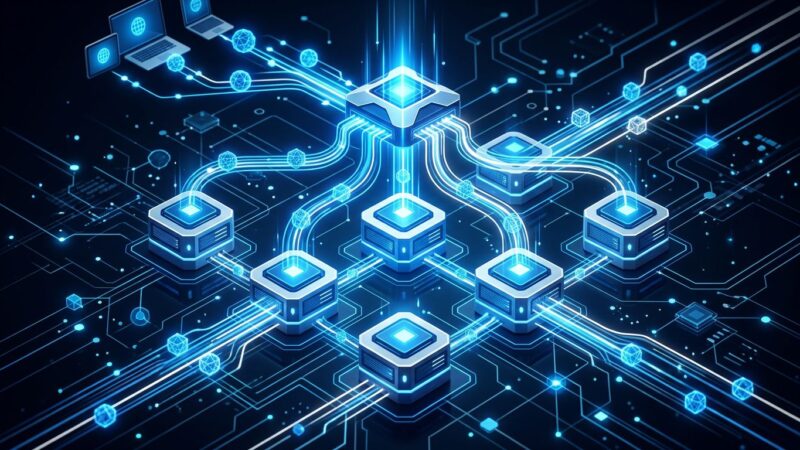 Abstract visualization of stateless MCP protocol architecture with interconnected server nodes and blue data streams