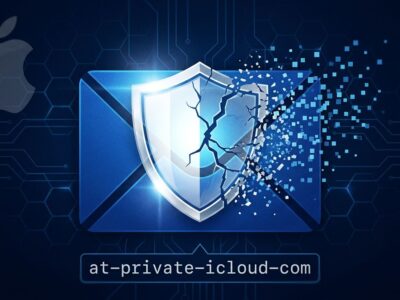 Email envelope icon with cracked privacy shield representing Apple Hide My Email domain change to private.icloud.com