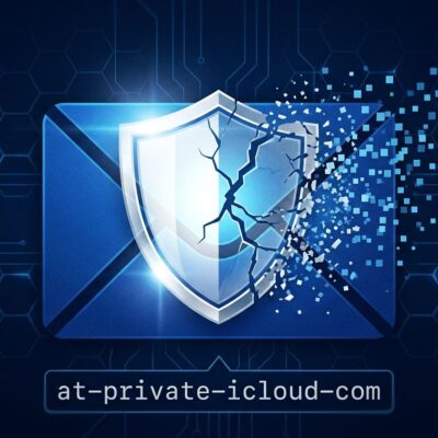 Email envelope icon with cracked privacy shield representing Apple Hide My Email domain change to private.icloud.com