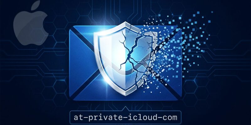 Email envelope icon with cracked privacy shield representing Apple Hide My Email domain change to private.icloud.com
