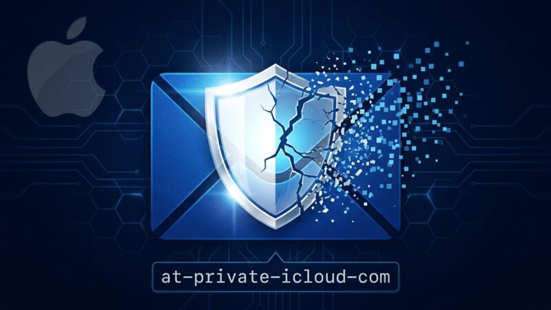 Email envelope icon with cracked privacy shield representing Apple Hide My Email domain change to private.icloud.com