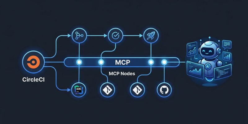 CircleCI MCP Server connecting AI coding agents to CI/CD pipeline data with blue and white diagram