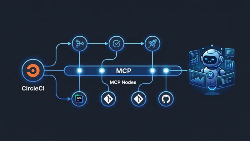 CircleCI MCP Server connecting AI coding agents to CI/CD pipeline data with blue and white diagram