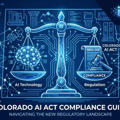 Colorado AI law regulation compliance illustration with legal scales and AI neural network
