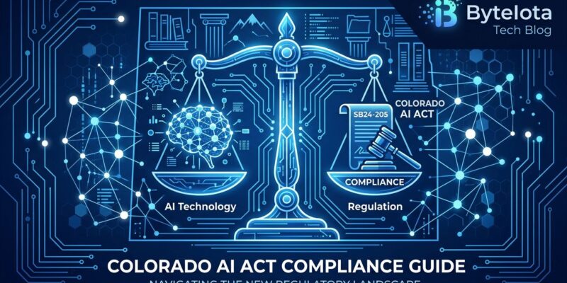 Colorado AI law regulation compliance illustration with legal scales and AI neural network