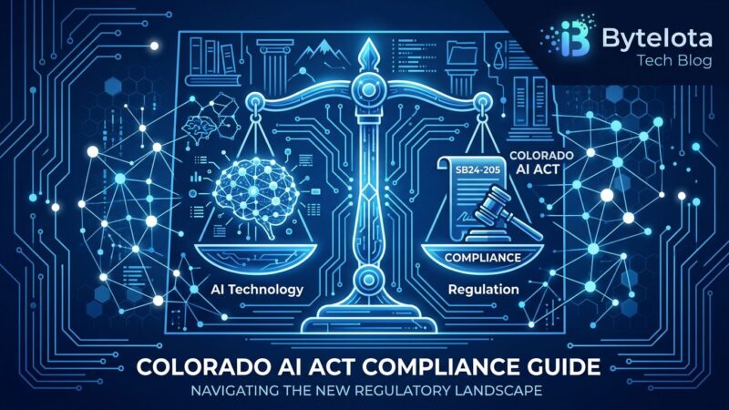 Colorado AI law regulation compliance illustration with legal scales and AI neural network