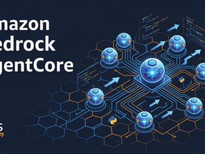 Amazon Bedrock AgentCore serverless AI agent deployment architecture diagram with blue circuit pathways and AWS cloud nodes