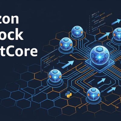 Amazon Bedrock AgentCore serverless AI agent deployment architecture diagram with blue circuit pathways and AWS cloud nodes