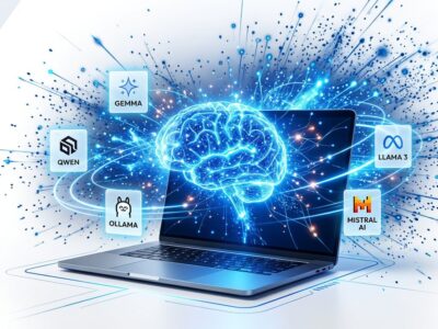 Developer laptop with glowing AI model icons orbiting it, representing local LLM usage in 2026
