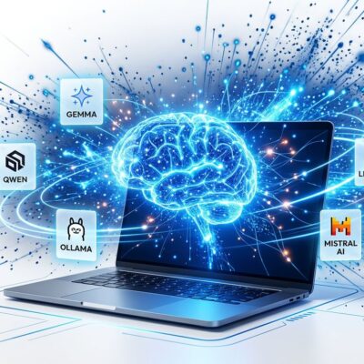 Developer laptop with glowing AI model icons orbiting it, representing local LLM usage in 2026