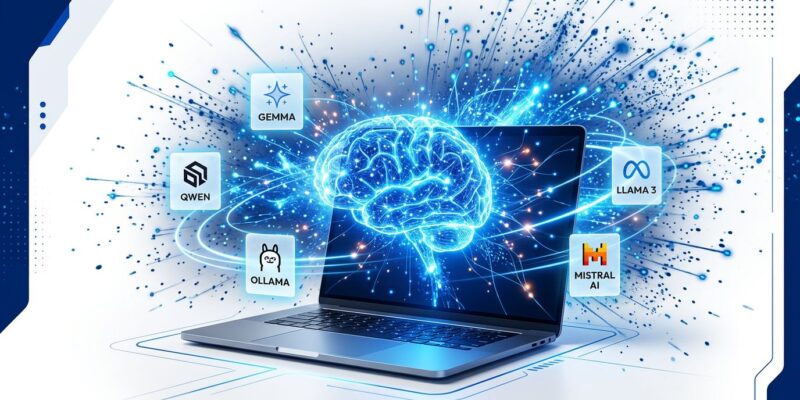 Developer laptop with glowing AI model icons orbiting it, representing local LLM usage in 2026
