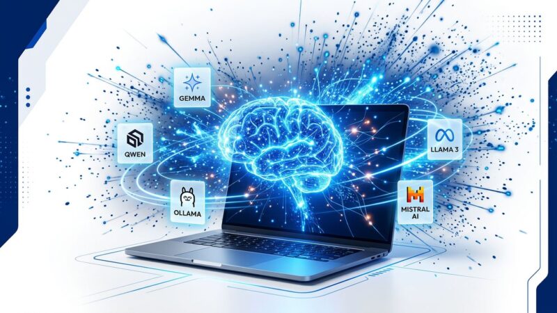 Developer laptop with glowing AI model icons orbiting it, representing local LLM usage in 2026