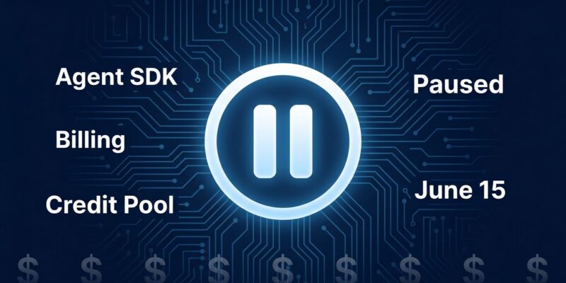 Anthropic pauses Claude Agent SDK billing change on June 15 2026 - pause button icon on dark blue background