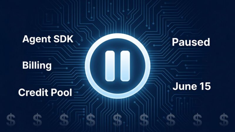 Anthropic pauses Claude Agent SDK billing change on June 15 2026 - pause button icon on dark blue background