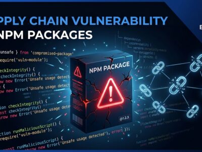 Cracked npm package box with red warning symbol and TypeScript code, representing the Mastra npm supply chain attack June 2026