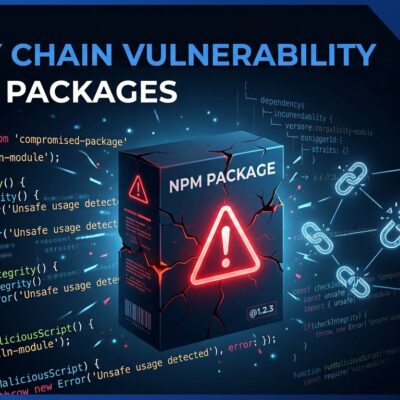 Cracked npm package box with red warning symbol and TypeScript code, representing the Mastra npm supply chain attack June 2026