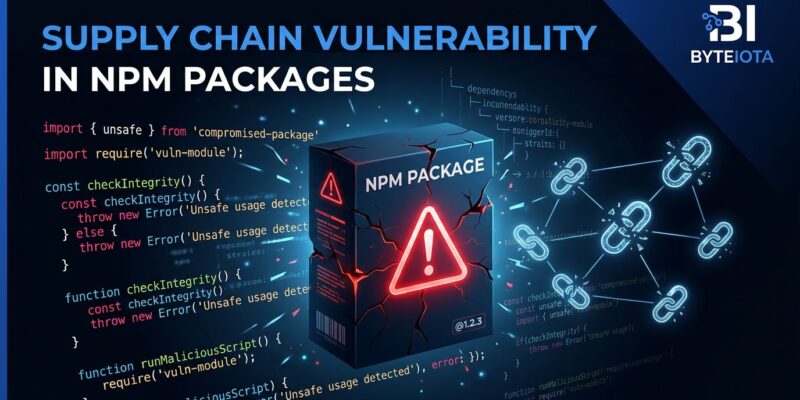 Cracked npm package box with red warning symbol and TypeScript code, representing the Mastra npm supply chain attack June 2026