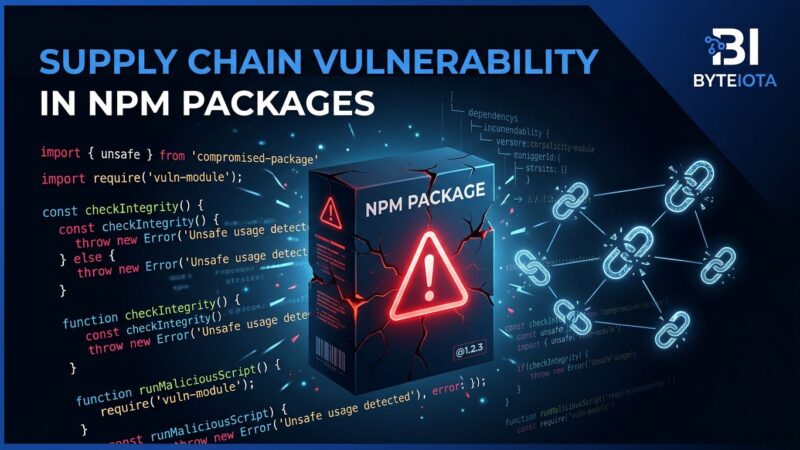 Cracked npm package box with red warning symbol and TypeScript code, representing the Mastra npm supply chain attack June 2026