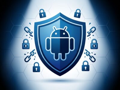GrapheneOS security shield on Android 17 with privacy lock icons and hexagonal grid background