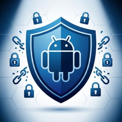GrapheneOS security shield on Android 17 with privacy lock icons and hexagonal grid background