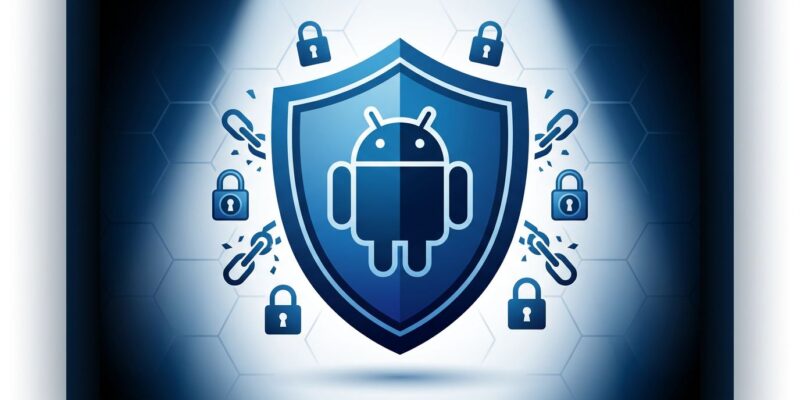 GrapheneOS security shield on Android 17 with privacy lock icons and hexagonal grid background
