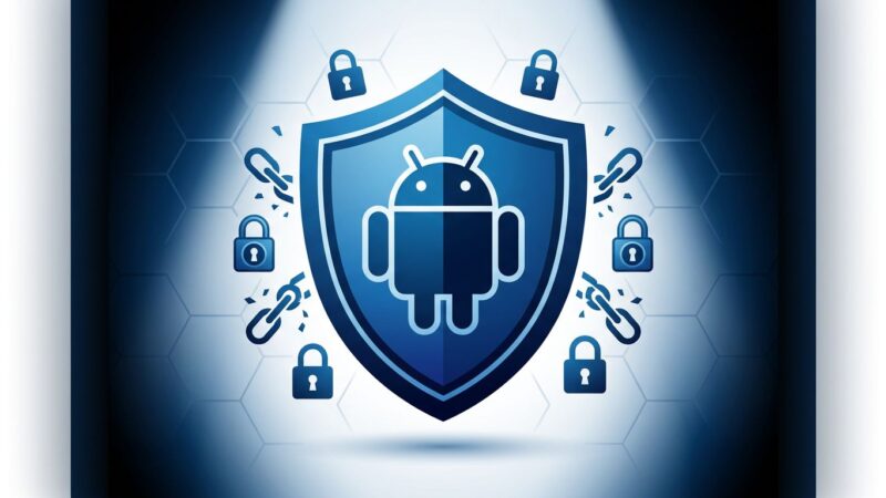 GrapheneOS security shield on Android 17 with privacy lock icons and hexagonal grid background