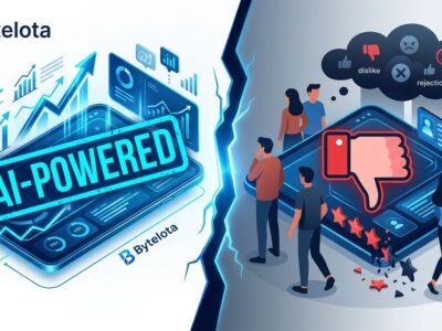 Split-screen illustration contrasting AI-powered brand messaging on the left with consumer rejection signals on the right