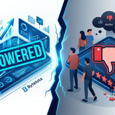 Split-screen illustration contrasting AI-powered brand messaging on the left with consumer rejection signals on the right