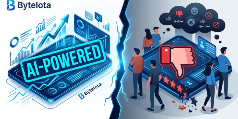 Split-screen illustration contrasting AI-powered brand messaging on the left with consumer rejection signals on the right