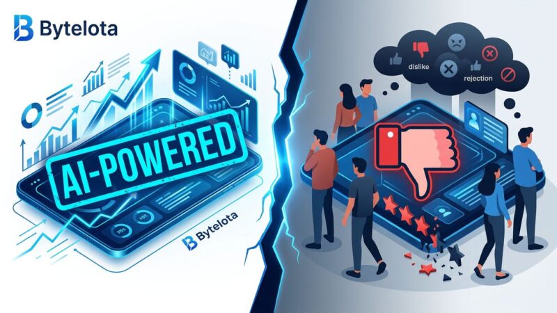 Split-screen illustration contrasting AI-powered brand messaging on the left with consumer rejection signals on the right