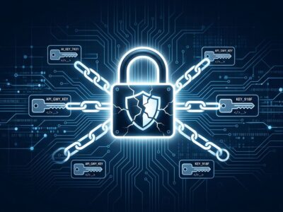 Cracked padlock with API key chain links illustrating the LiteLLM three-CVE vulnerability chain that enables full AI gateway server takeover