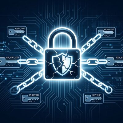 Cracked padlock with API key chain links illustrating the LiteLLM three-CVE vulnerability chain that enables full AI gateway server takeover