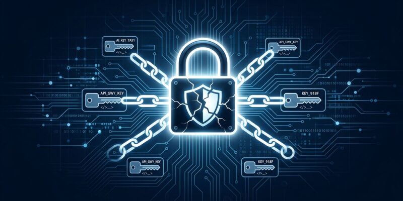 Cracked padlock with API key chain links illustrating the LiteLLM three-CVE vulnerability chain that enables full AI gateway server takeover