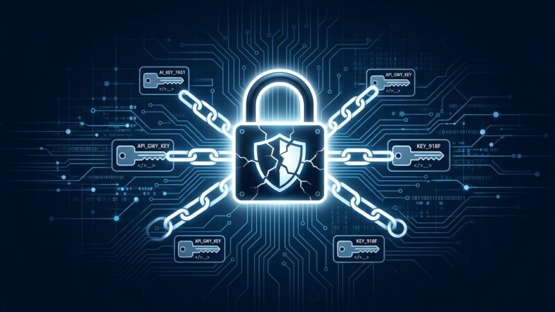 Cracked padlock with API key chain links illustrating the LiteLLM three-CVE vulnerability chain that enables full AI gateway server takeover