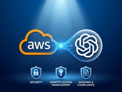 AWS cloud and OpenAI logos connected by data stream representing enterprise AI integration on Amazon Bedrock