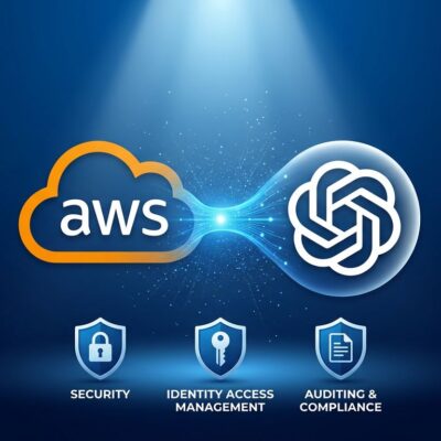AWS cloud and OpenAI logos connected by data stream representing enterprise AI integration on Amazon Bedrock