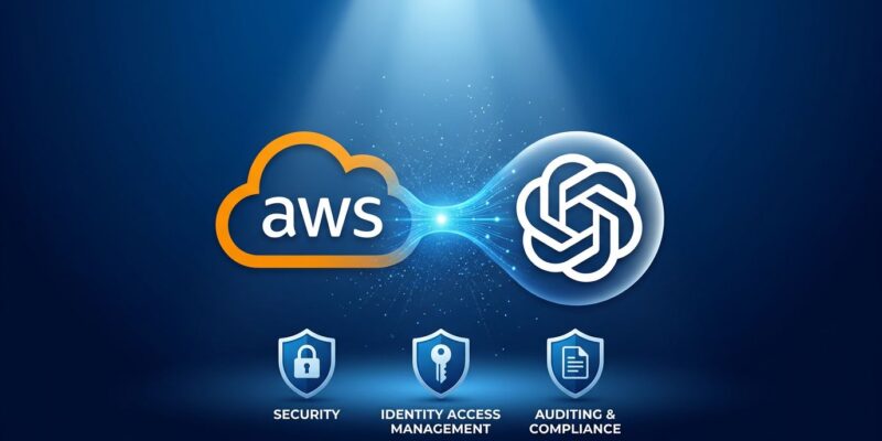 AWS cloud and OpenAI logos connected by data stream representing enterprise AI integration on Amazon Bedrock