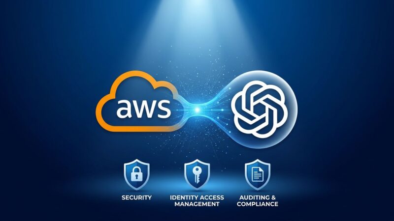 AWS cloud and OpenAI logos connected by data stream representing enterprise AI integration on Amazon Bedrock