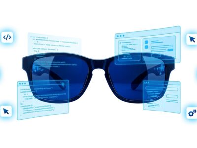Snap SPECS AR glasses with holographic code overlays and developer tool icons, blue and white tech blog image