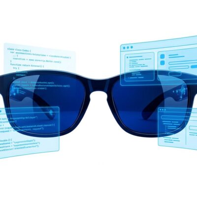 Snap SPECS AR glasses with holographic code overlays and developer tool icons, blue and white tech blog image