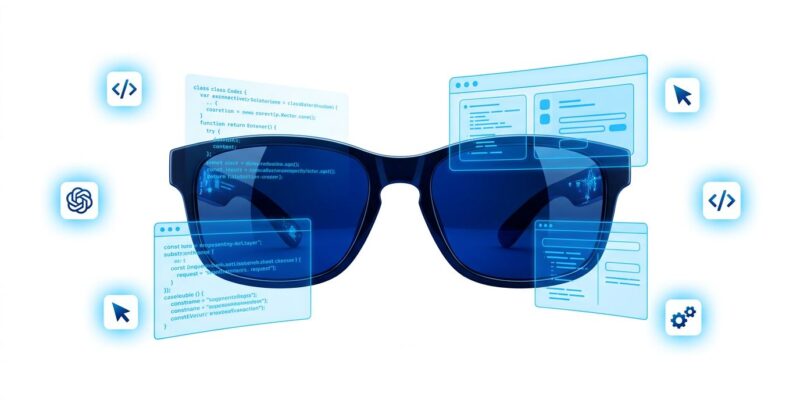 Snap SPECS AR glasses with holographic code overlays and developer tool icons, blue and white tech blog image