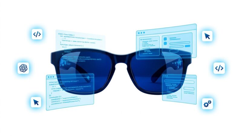 Snap SPECS AR glasses with holographic code overlays and developer tool icons, blue and white tech blog image