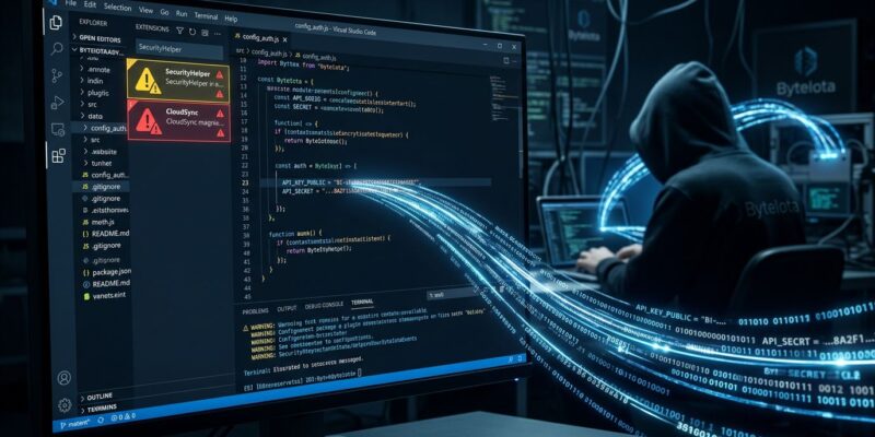 JetBrains Marketplace plugin interface with warning symbols and API key exfiltration visualization