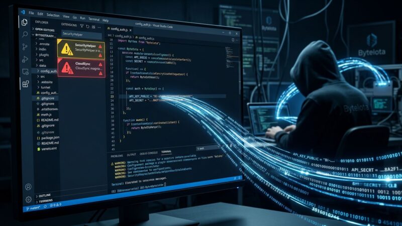 JetBrains Marketplace plugin interface with warning symbols and API key exfiltration visualization