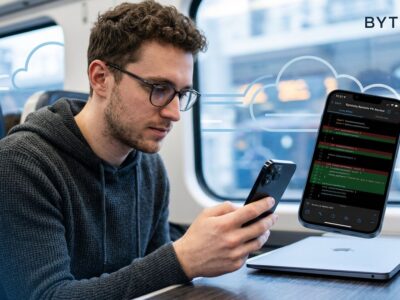 Developer checking Kiro agentic coding session on iPhone with code diff cards visible on screen