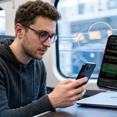 Developer checking Kiro agentic coding session on iPhone with code diff cards visible on screen