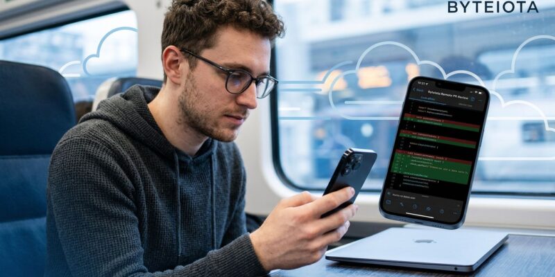 Developer checking Kiro agentic coding session on iPhone with code diff cards visible on screen