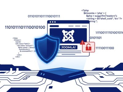 Joomla website protected by security shield with broken lock indicating CVE-2026-48907 vulnerability