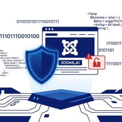 Joomla website protected by security shield with broken lock indicating CVE-2026-48907 vulnerability