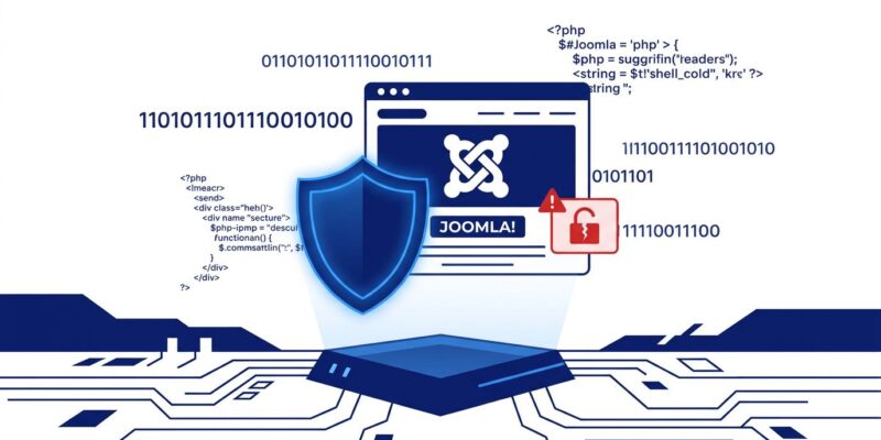 Joomla website protected by security shield with broken lock indicating CVE-2026-48907 vulnerability
